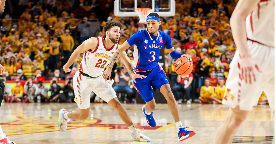 Kansas Jayhawk guard Dajuan Harris (3) dribbles up the floor vs. Iowa State Saturday, Feb. 4, 2023 in Ames, Iowa (Kansas Athletics photo)