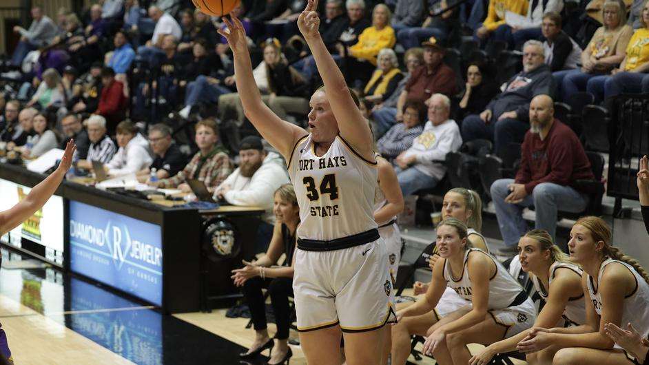 Fort Hays State guard Megan Earney (34) attempts a 3-point shot earlier this season in Hays, Kan. (FHSU Athletics photo/Madison Shapland)
