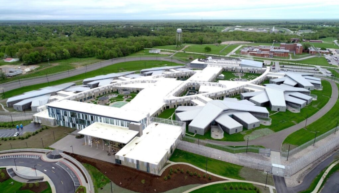 An aerial view of the Jay Nixon Forensic Center, the 300-bed maximum security psychiatric unit that opened in 2019 at Fulton State Hospital. The hospital is 400 employees short of full staffing. (Department of Mental Health photo)