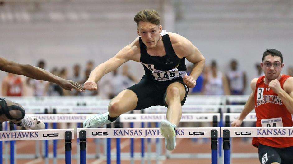 Fort Hays State's Nolan Churchman clears a hurdle at the Jayhawk Classic on Lawrence, Kan. on Jan. 27, 2023. (FHSU Athletics photo/Madison Shapland)