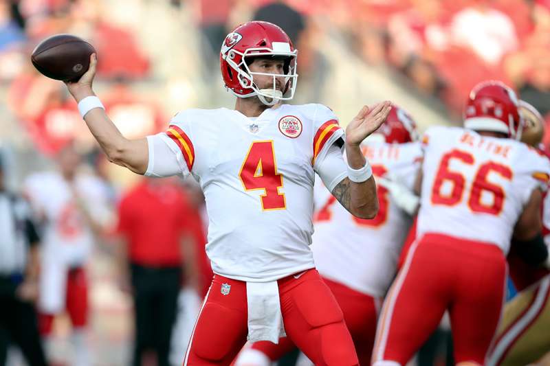 <b>Kansas City Chiefs quarterback Chad Henne (4) passes against the San Francisco 49ers in an NFL preseason football game in Santa Clara, Calif., in 2021. </b>(AP Photo/Jed Jacobsohn, File)