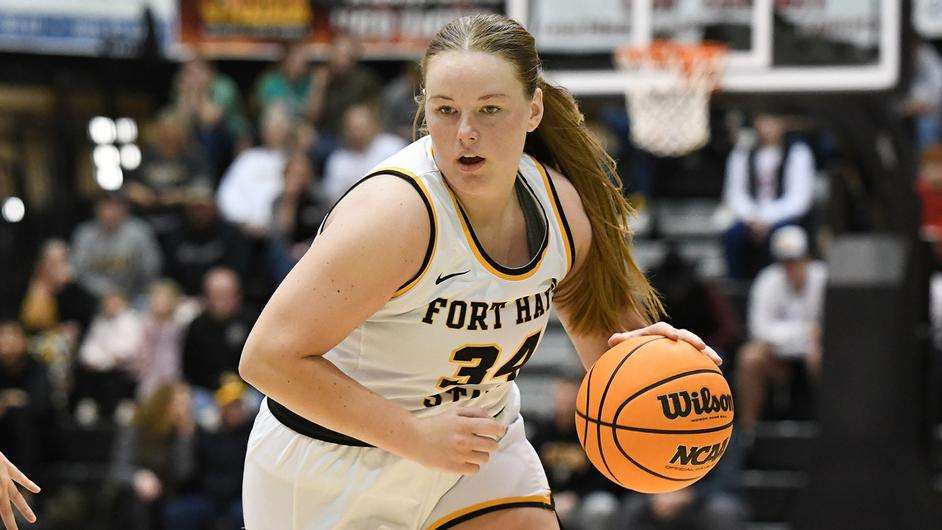 Fort Hays State guard Megan Earney (34) dribbles the ball up the court earlier this season in a game in Hays, Kan. (FHSU Athletics photo/Nicole Heitmann)