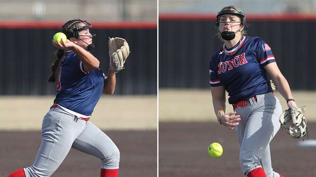 Olivia Sandoval (left) and Kierstan Weitze (right) were named the KJCCC Player and Pitcher of the Week as the No. 17 Blue Dragons start the season 4-0.