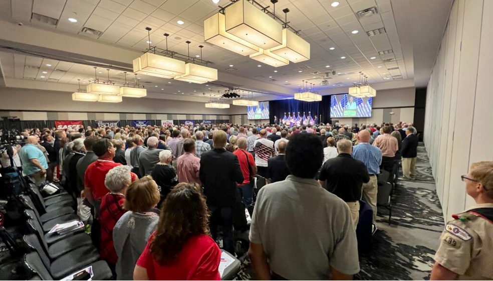 Nebraska Republicans gathered in Kearney, Neb., for their state convention. They ended up ousting the state party’s leaders. (Aaron Sanderford/Nebraska Examiner)