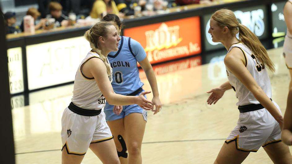 Fort Hays State forward Katie Wagner and center Olivia Hollenbeck celebrate following a basket in an MIAA game vs. Lincoln February 9, 2023 in Hays, Kan. (FHSU Athletics photo/Madison Shapland)
