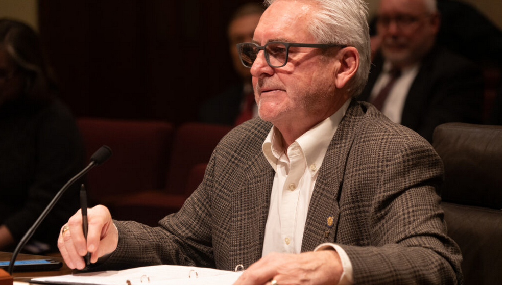 State Sen. Dave Murman of Glenvil introduces legislation to protect health care workers’ “right of conscience” on Friday, Feb. 10, 2023, in Lincoln, Neb. (Zach Wendling/Nebraska Examiner)