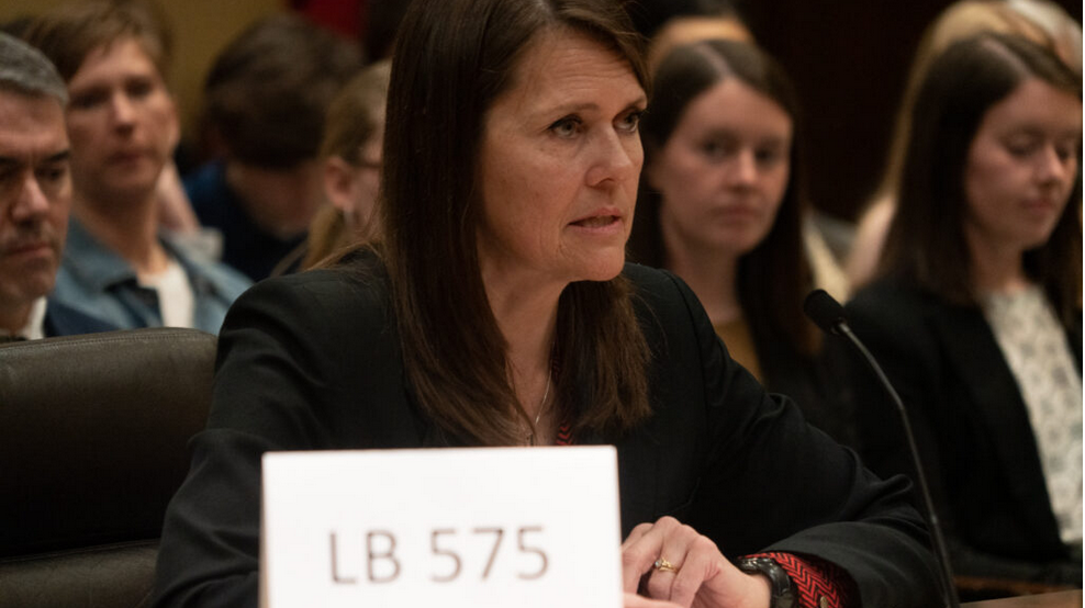 State Sen. Kathleen Kauth of Omaha introduces a bill Monday, Feb. 13, 2023, in Lincoln, Neb., before the Education Committee that would define school bathrooms and sporting teams as either male or female. (Zach Wendling/Nebraska Examiner)