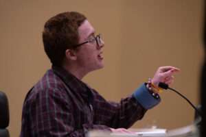 Murdoc Stokes, a 17-year-old transsexual Nebraskan from Omaha, testifies against a bill that would define school bathrooms and sporting teams as either male or female on Monday, Feb. 13, 2023, in Lincoln, Neb. (Zach Wendling/Nebraska Examiner)