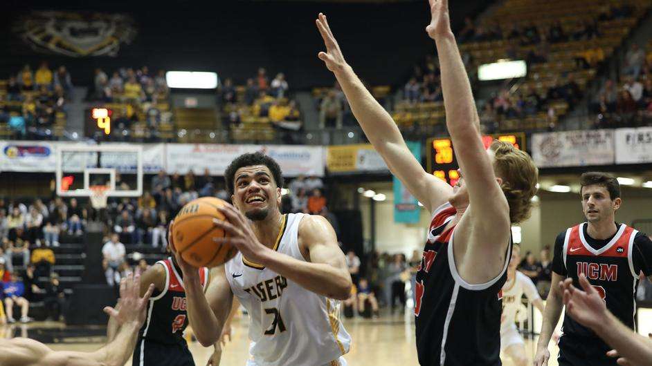 Fort Hays State center Iyen Eneruna (31) goes up for a shot in an MIAA basketball game vs. Central Missouri in Hays, Kan. on Saturday, Febraury 11, 2023. (FHSU Athletics photo/Madison Shapland)