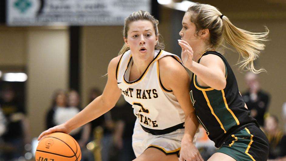 Fort Hays State guard Sydney Golladay (3) is guarded by Missouri Southern guard Lady Stokes in an MIAA game in Hays, Kan. on January 5, 2023. (FHSU Athletics photo/Nicole Heitmann)