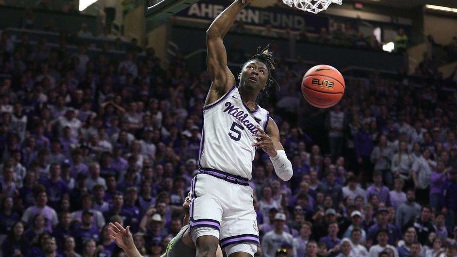 Kansas State guard Cam Carter (5) dunks the ball during a Big 12 basketball game vs. Baylor on Manhattan, Kan. on Tuesday, Feb. 21, 2023. (Kansas State Athletics photo)