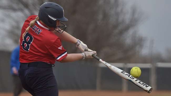 Preslee Irwin connects on a walk-off two-run home run in a five-run fifth inning on Game 2 of Tuesday's doubleheader sweep of Labette at Fun Valley. (Sammi Carpenter/Blue Dragon Sports Information)