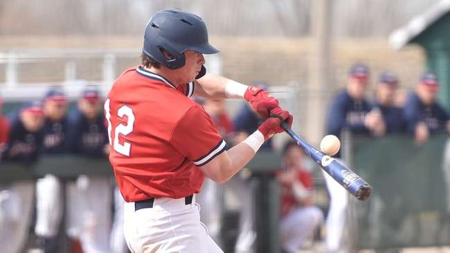 Will Edmundson hit one of the Blue Dragons' four home runs on Tuesday as the Dragons swept the Tabor College JV 12-1 and 10-0. (Sammi Carpenter/Blue Dragon Sports Information)<br>