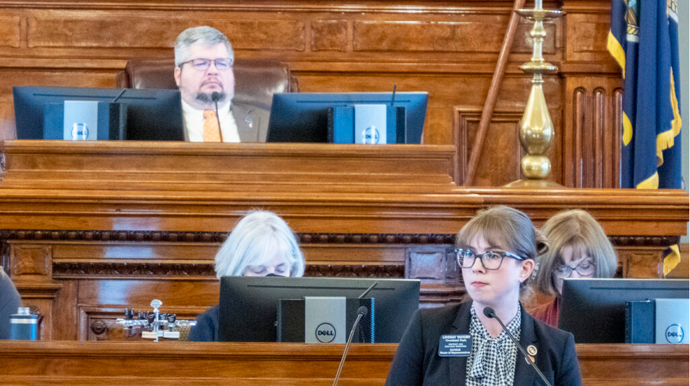 Rep. Lindsay Vaughn, D-Overland Park, appears Feb. 22, 2023, before the House to urge support for legislation aimed at holding Groundwater Management Districts accountable. (Sherman Smith/Kansas Reflector)