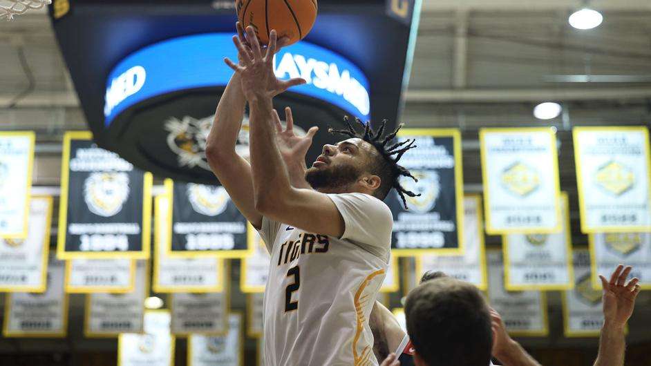Fort Hays State's Traejon Davis (2) attempts  a shot in an MIAA basketball game  vs. Central Missouri  on Saturday, Feb. 11, 2023 in Hays, Kan. (FHSU Athletics photo/Madison Shapland)
