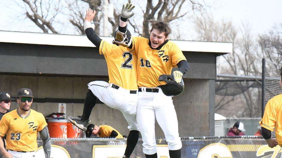 Fort Hays State infielder Zane Knox celebrates after hitting a 3-run home run in game one of an MIAA doubleheader with Washburn in Hays, Kan. on February 25, 2023. (FHSU Athletics photo/Nicole Heitmann)