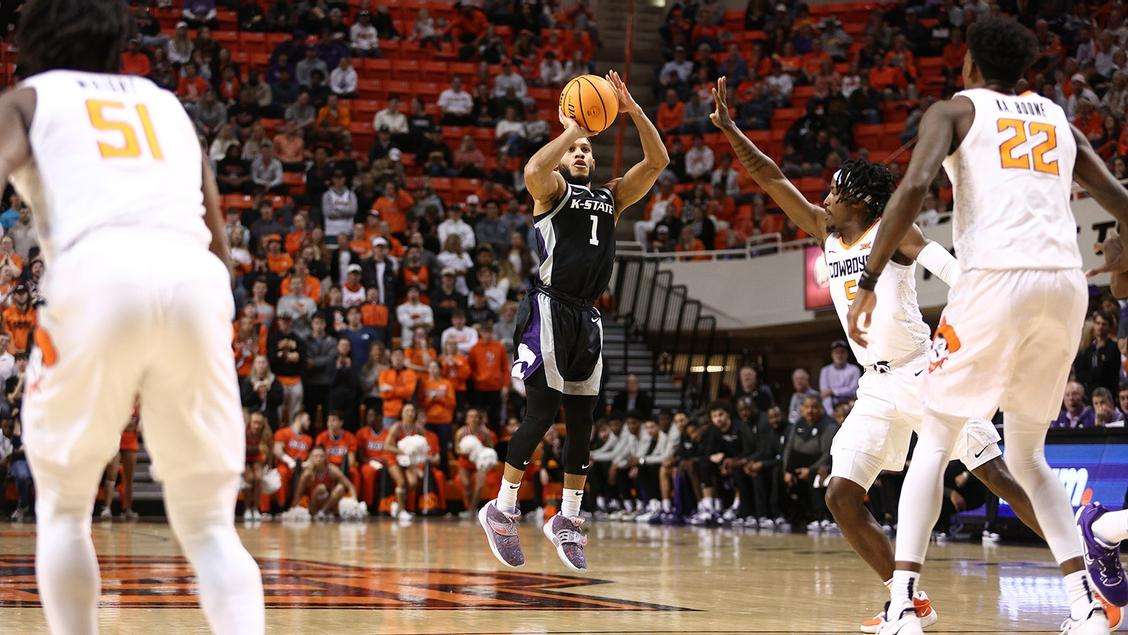 Kansas State guard Markquis Nowell (1) attempts a 3-point shot in the first half of an NCAA college basketball game, Saturday, Feb. 25, 2023, in Stillwater, Okla. (Kansas State Athletics photo)