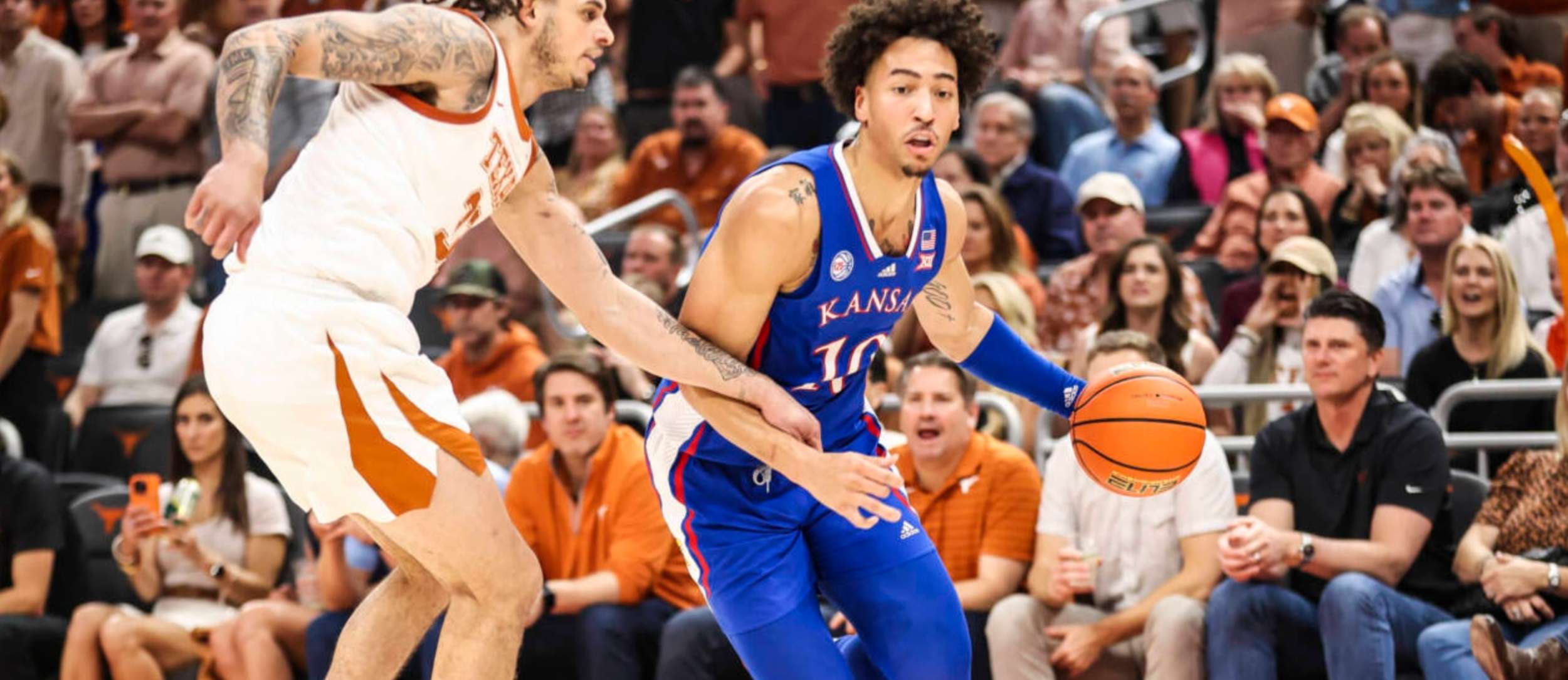 Kansas guard Jalen Wilson (10) drives in a Big 12 basketball game vs. Texas on Saturday, March 4, 2023 in Austin, Texas (Kansas Athletics photo)