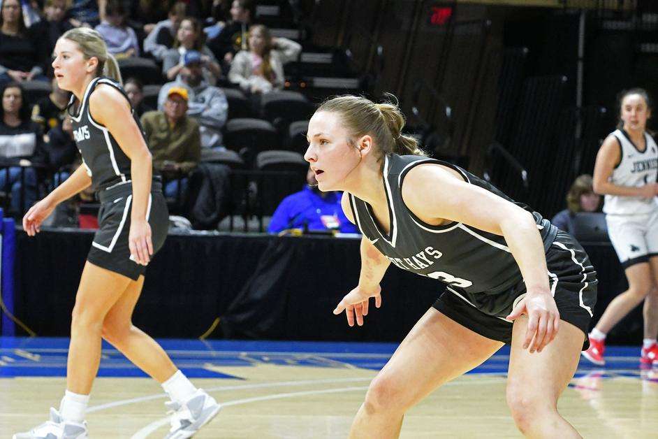 Fort Hays State's Katie Wagner (23) and Sydney Golladay prepare to play defense in an MIAA Tournament semifinal game with Central Missouri on Saturday, March 4, 2023 at Municipal Auditorium in Kansas City, Mo. (FHSU Athletics photo/Ryan Prickett)