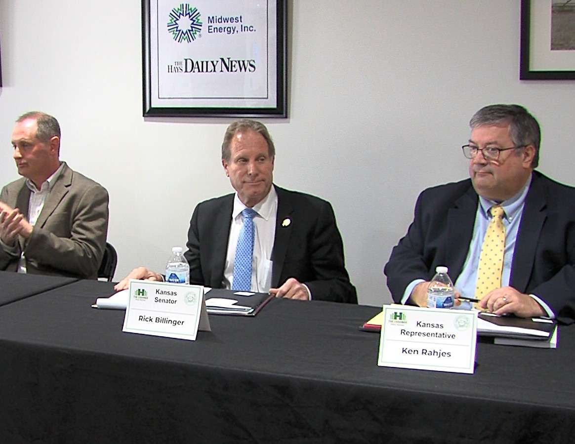 First Dist. Congressman Tracey Mann, R-Salina, State Sen. Rick Billinger, R-Goodland, and State Rep. Ken Rahjes, R-Agra, were the guests at the Hays Chamber legislative coffee Saturday. (Photo by Becky Kiser/Hays Post)