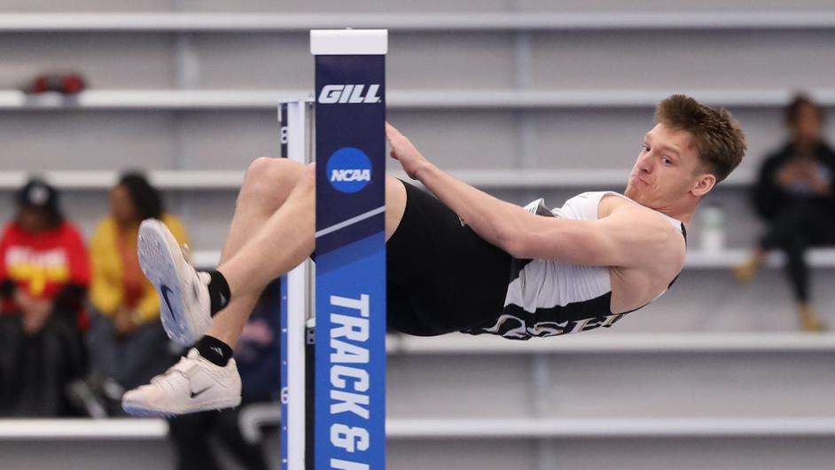 Fort Hays State's Nolan Churchman attempts to clear the bar of the high jump as part of the Heptathlon at the NCAA Division II Indoor Track and Field Championships in Virginia Beach, Va. (FHSU Athletics photo/Madison Shapland)