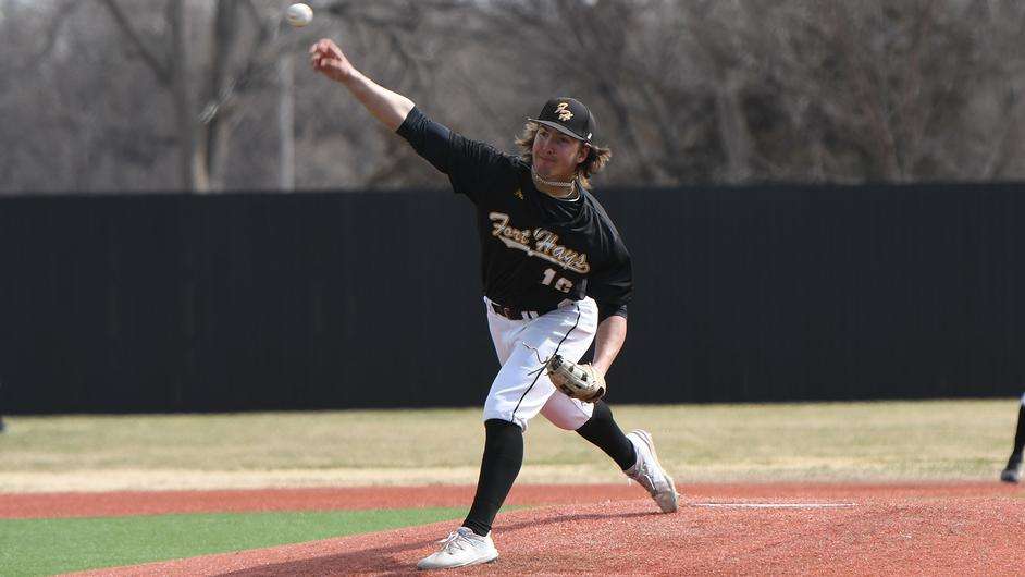 Fort Hays State junior Daniel Bebee delivers a pitch during an NCAA baseball game vs. Rogers State on Friday, March 10, 2023 at Larks Park in Hays, Kan. (FHSU Athletics photo/Ryan Prickett)