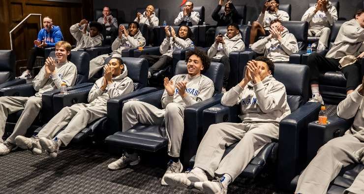 The Kansas basketball team watches selection Sunday. (Kansas Athletics photo)