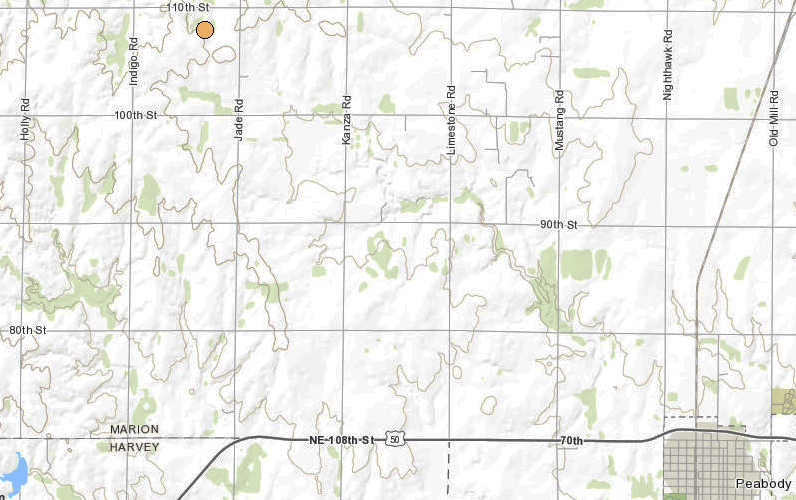 <b>The location of the 2.2 magnitude, 10:35 p.m. Sunday Marion County earthquake. </b>Map courtesy Kansas Geological Survey