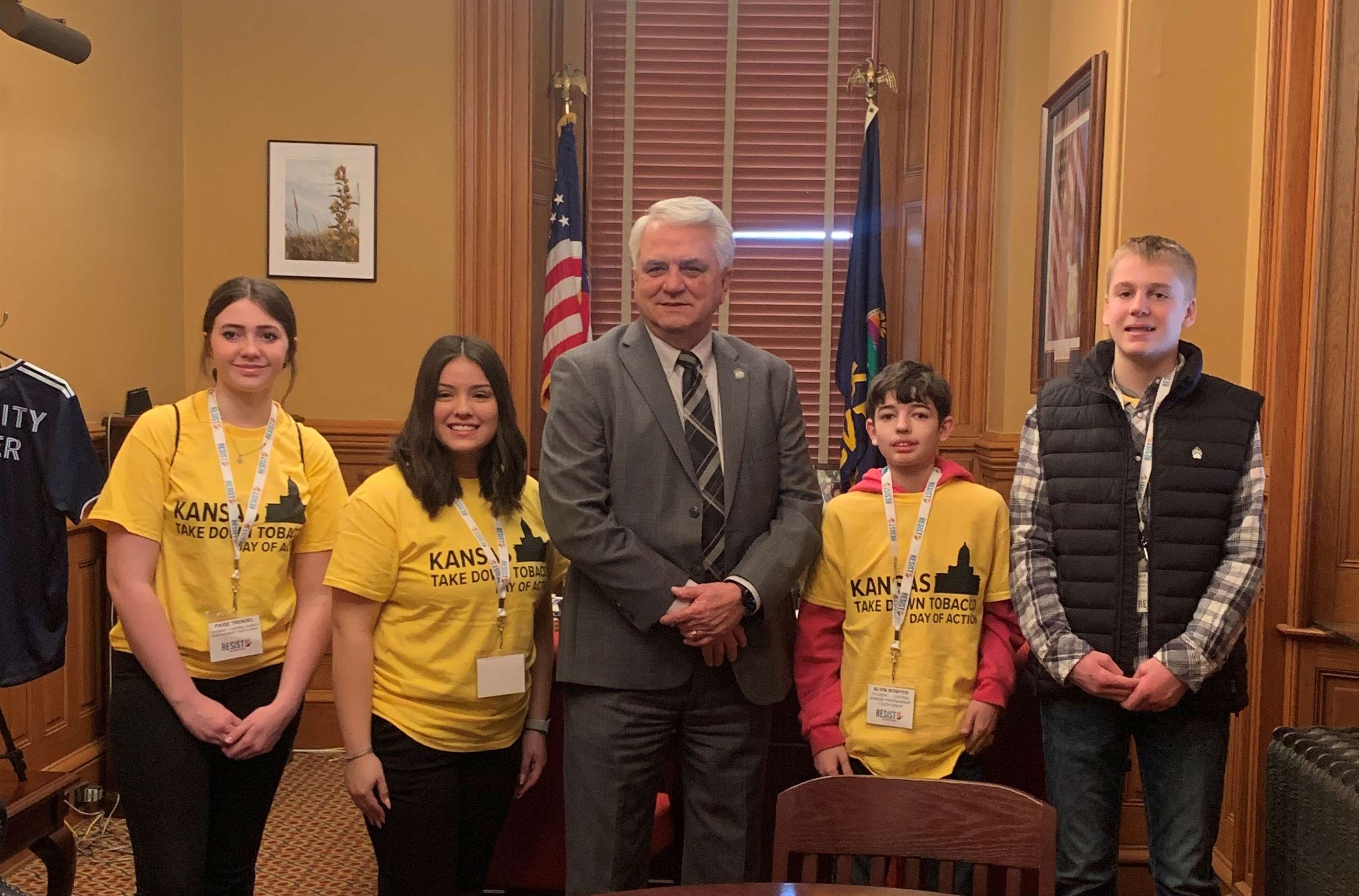 Barton County Youth Crew members met with state legislators earlier this month as part of the Take Down Tobacco campaign. Pictured, from left: Great Bend's Paige Trendel and Jasmine Figueroa, Sen. Larry Alley, Ellinwood's Alvin Bowyer, and Hoisington's Brody Rossman.