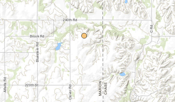 <b>The location of the 2.7 magnitude, 1:11 a.m. Saturday Marion County earthquake.</b> Map courtesy Kansas Geological Survey