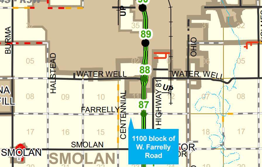 The body was found approximately 100 yards from the road in the 1100 block of W. Farrelly Road. Map courtesy Saline County