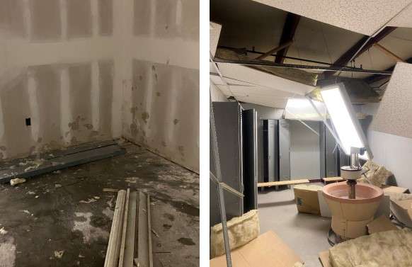 Damage at the USD 428 Support Facility on east 10th, including water damage to a new kitchen office area, and ceiling and wall damage to an existing second-floor bathroom from the March 22 explosion of a neighboring residence.