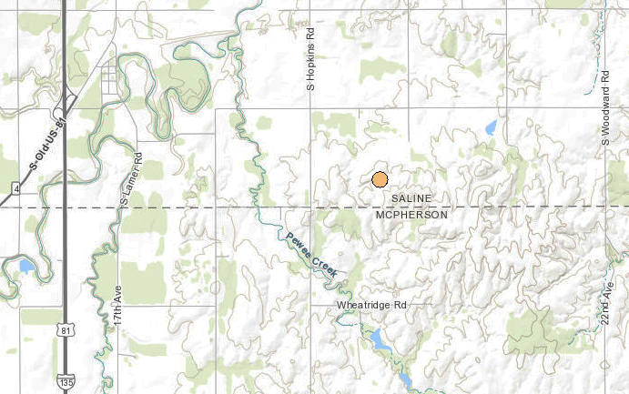 <b>The location of the 2.2 magnitude, 1:26 p.m. Friday Saline County earthquake.</b> Map courtesy Kansas Geological Survey