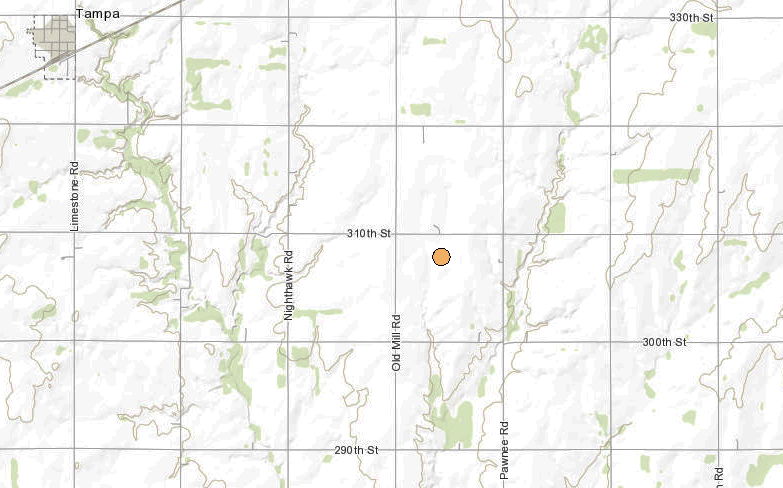 <b>The location of the 2.1 magnitude, 10:17 p.m. Sunday Marion County earthquake.</b> Map courtesy Kansas Geological Survey