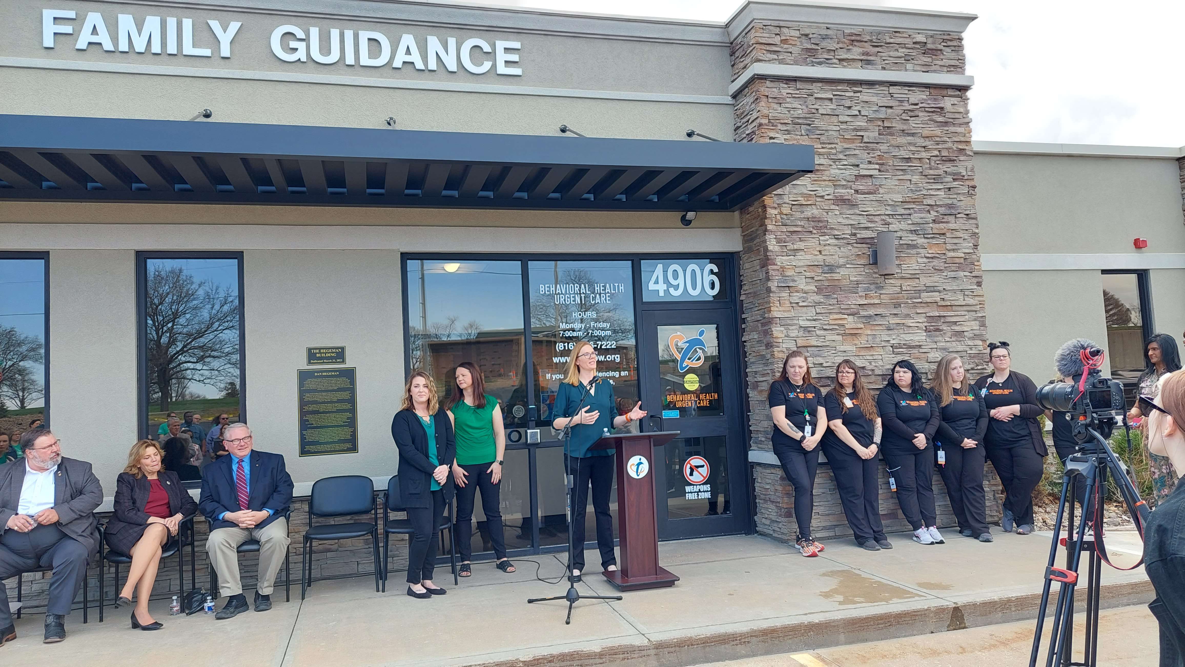 Family Guidance Center Co-CEO Kris Hannon speaks to a crowd gathered at the Behavioral Health Urgent Care Center ribbon cutting/Photo by Matt Pike