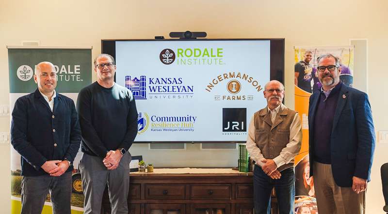 <b>From left: Jeff Tkach, incoming CEO and current chief impact officer of Rodale Institute; Jason Ingermanson, president and CEO of JRI Hospitality; Jeff Moyer, CEO of Rodale Institute; and KWU President Matt Thompson after a signing ceremony at Rodale Institute’s Kutztown, Pa., campus on Tuesday.</b> Photo courtesy KWU