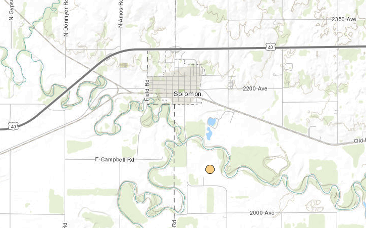 <b>The location of the 2.5 magnitude, 11:16 p.m. Thursday Dickinson County&nbsp; earthquake.</b> Map courtesy Kansas Geological Survey