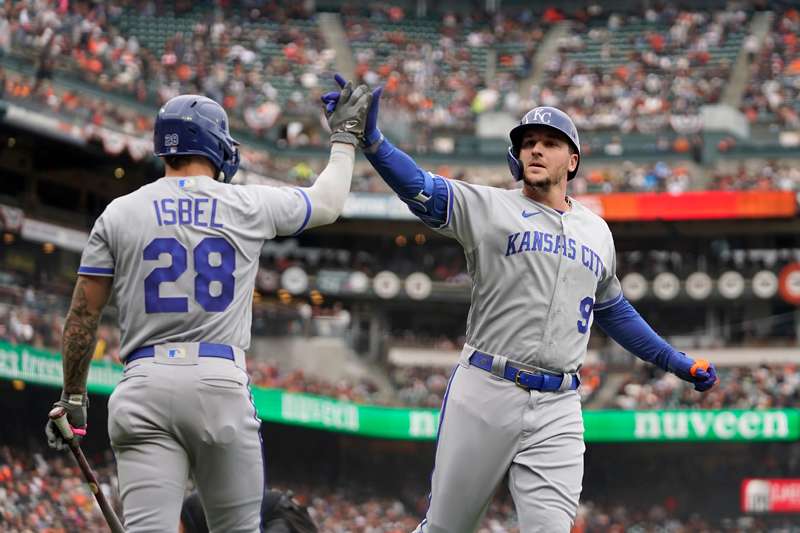 <b>Kansas City Royals' Vinnie Pasquantino (9) is congratulated by Kyle Isbel (28) after hitting a home run against the San Francisco Giants during the fourth inning of a baseball game in San Francisco Friday.</b> (AP Photo/Eric Risberg)