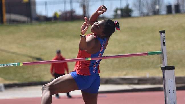 Madelyn Hernandez placed third in the women's high jump on Saturday at the K.T. Woodman Classic at Cessna Stadium in Wichita. (Steve Carpenter/Blue Dragon Sports Information)<br>