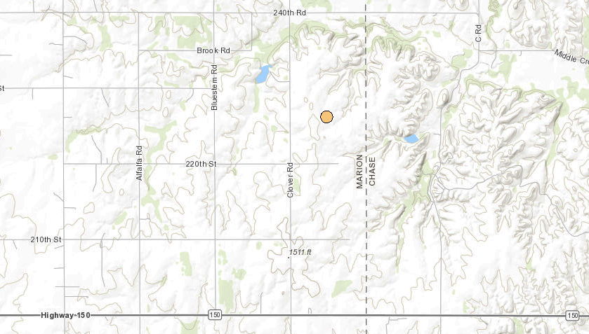 <b>The location of the 2.5 magnitude, 12:02 a.m. Monday Marion County earthquake.</b> Maps courtesy Kansas Geological Survey