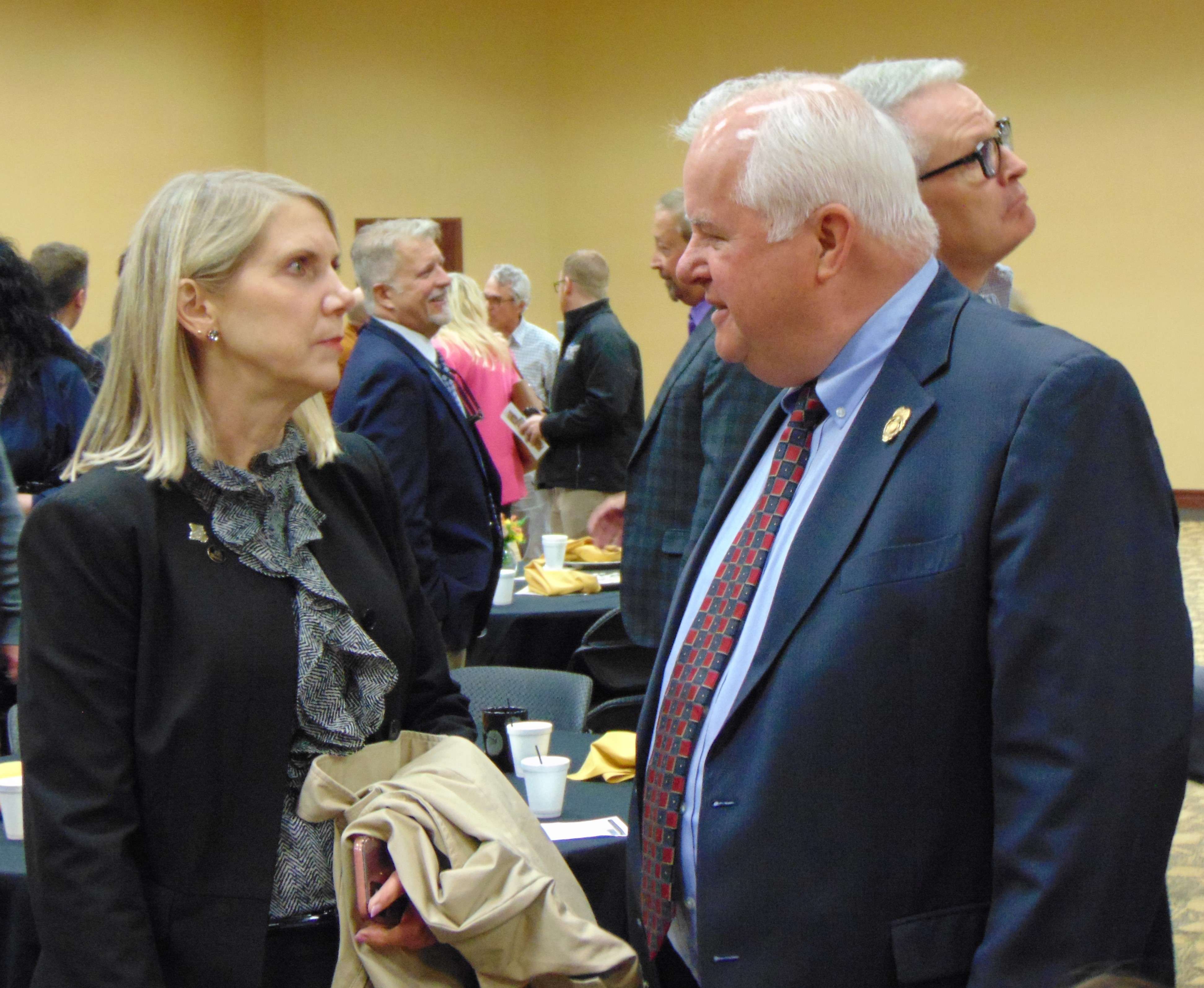 Josendale speaks with Missouri Western State University President Elizabeth Kennedy after his address/Photo by Brent Martin
