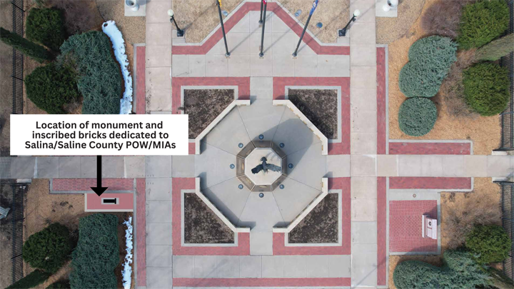 <b>The location of the POW-MIA monument and inscribed bricks at the Salina-Saline County War Memorial in Sunset Park. The top of the overhead shot is the western side of the memorial area.</b> Photos courtesy&nbsp;Sons of the American Legion Squadron 62