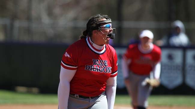 Riley Wertz celebrates after recording a strikeout in the Butler doubleheader Wednesday, April 5, 2023 at East Park in El Dorado, Kansas. (Billy Watson/Blue Dragon Sports Information)