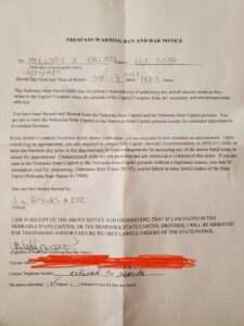 Melody Vaccaro received and signed this “banned and barred” notice Wednesday from the Nebraska State Patrol. (Courtesy of Melody Vaccaro)