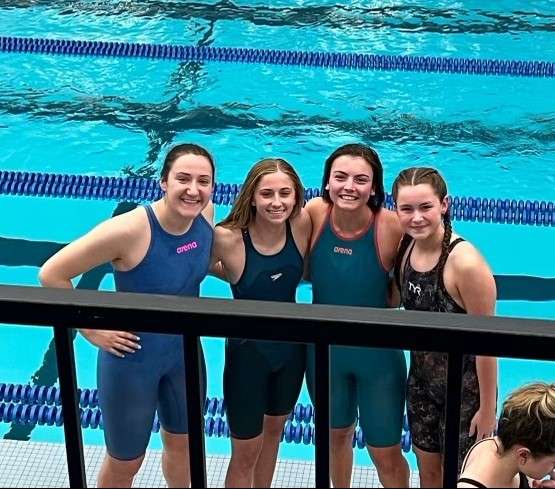 Great Bend's 200-yard medley relay team of Emilee Hall, Josephine Mazouch, Elly Somers, and Clarise Snapp qualified for state in the first meet of the season. Friday in Salina, the girls broke a seven-year-old school record in the event.