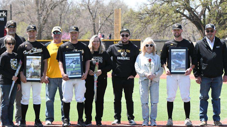 Fort Hays State seniors Ed Scott, Zach Berg and Ridge Stephens along with their parents are honored prior to the Tigers home finale vs. Northwest Missouri State on Sunday, April 23, 2023 at Larks Park in Hays, Kan. (FHSU Athletics photo/Nick Meis)