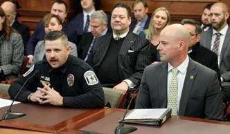 St. Joseph Officer Lucas Winder testifies during a Senate committee hearing as Sen. Tony Luetkemeyer looks on/Photo courtesy of Missouri Communications