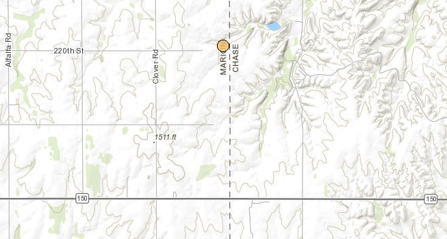 <b>The location of the 6:46 a.m. Tuesday, 2.6 magnitude Marion County earthquake.</b> Map courtesy Kansas Geological Survey