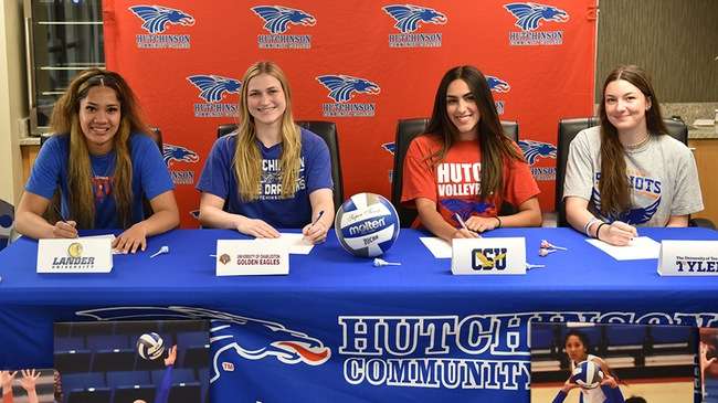 (l to r): Blue Dragon volleyball players Blondie Penaflor, Morgan Harvey, Andrea Serrano and Sophie Connor sign four-year letters of intent to play at four-year programs next season. (Steve Carpenter/Blue Dragon Sports Information)<br>