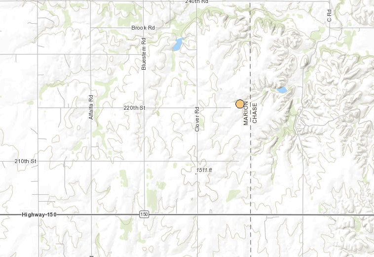 <b>The location of the 2.8 magnitude, 9:27 p.m. Thursday Marion County earthquake. </b>Maps courtesy Kansas Geological Survey